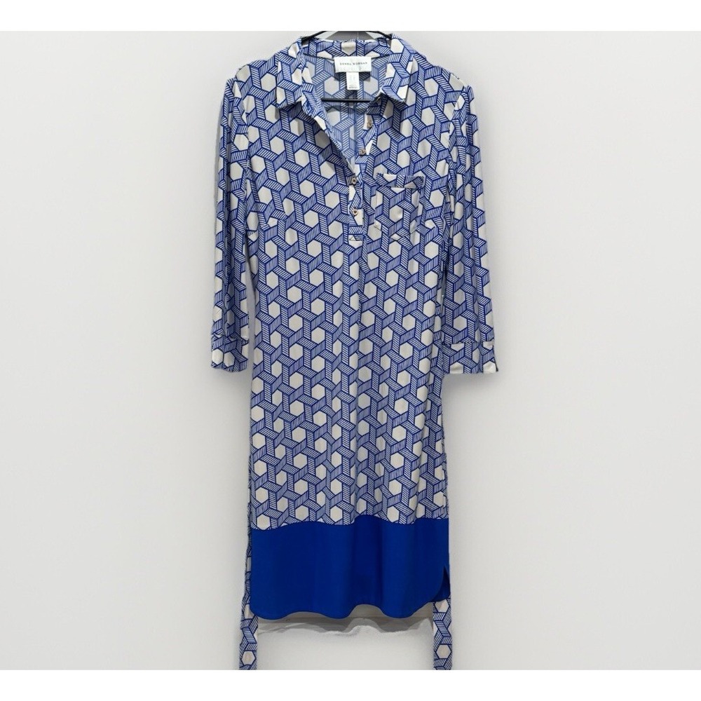 Donna Morgan Cobalt Blue and White Geometric Print Belted Stretchy Dress Sz 10